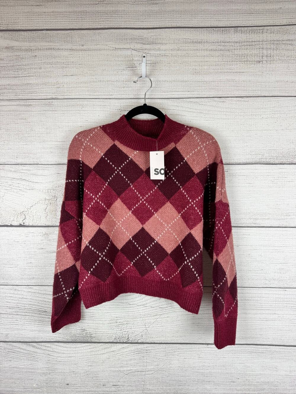 So Women's Maroon Tommy Argyle Balloon Sleeve Sweater Size Small